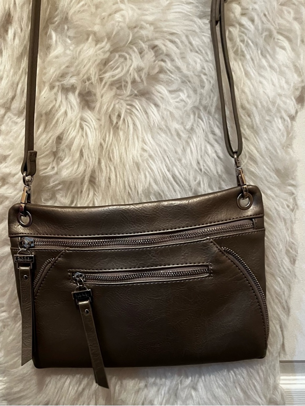 Nicole Miller Metallic Gray Crossbody Bag with Front Zip Pockets